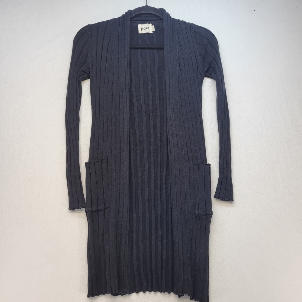 Pact Long Cardigan Women XS Black Ribbed Organic Cotton Open Front Pockets